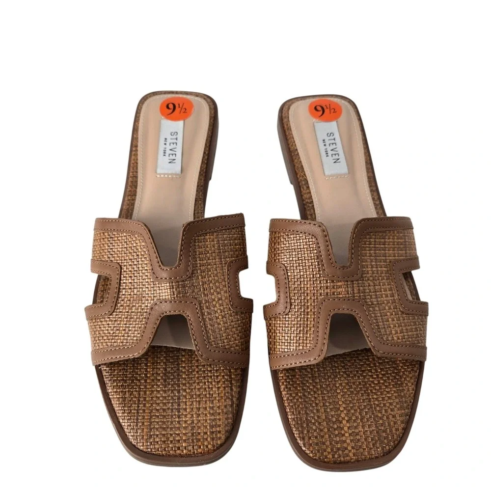 Steven‎ NY Size 9.5 Slide Sandals Brown Woven Raffia Square Toe H-Strap #1068